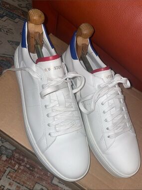 J.M. WESTON On Time white Leather Sneakers with Blue Heel and Red Tongue Accent